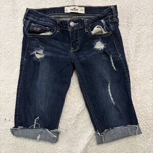 LEI Ashley Low Rise Women's Distressed Capri Jeans Size 3 Reg Blue Dark Denim